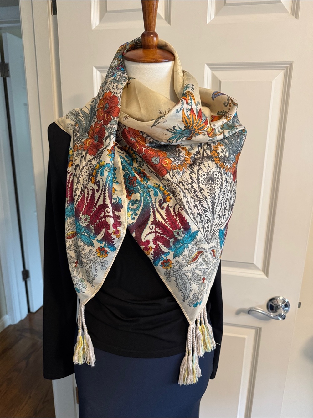 Johnny Was Multicolor Paisley Tassel Wrap in Cream, Teal & Burgundy